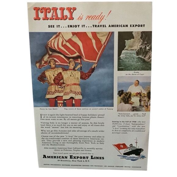 Vintage 1949 American Export Lines Italy is Ready Ad Advertisement - Picture 4 of 4